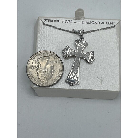Sterling Silver Diamond Accent Etched Celtic Cross Pendant Necklace New - Picture 5 of 7